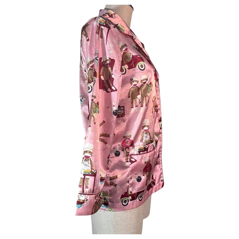 Nick & Nora Womens Pink Sock Monkey Pajama Top Size Large bowling TV Car Poly - Picture 3 of 9